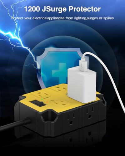 8-Outlets Magnetic Heavy Duty Power Strip, 6.5 Ft Extension Cord | 15 Amps/1200 Joules, Multi-Plug with 4 USB Ports (2 USB-C) for Workshop Garage Industrial, Yellow