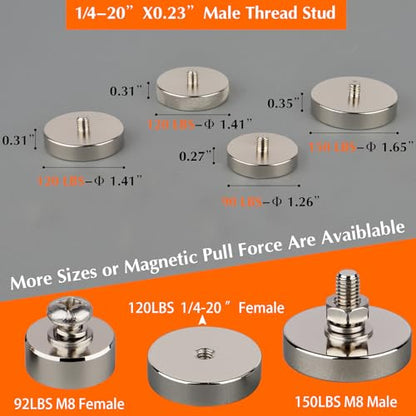 MUTUACTOR 4PCS Universal Neodymium Pot Magnets,1/4-20 Male Threaded Anti-Broken Magnetic Mounting Magnet,115lbs Heavy Duty Rare Earth Magnets for Tripods and Camera Base LED Light Tools Brackets - style: 115 lbs 1/4-20" Male S 4pcs