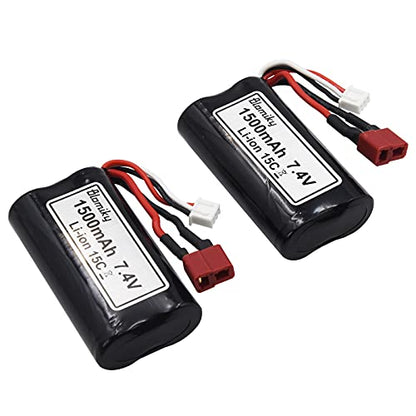 Blomiky 2 Pack 7.4V 1500mAh 15C Li-ion Rechargeable Battery with T Plug Connector and USB Cable for 9155 and 9156 1:12 Scale High Speed RC Truck 9156