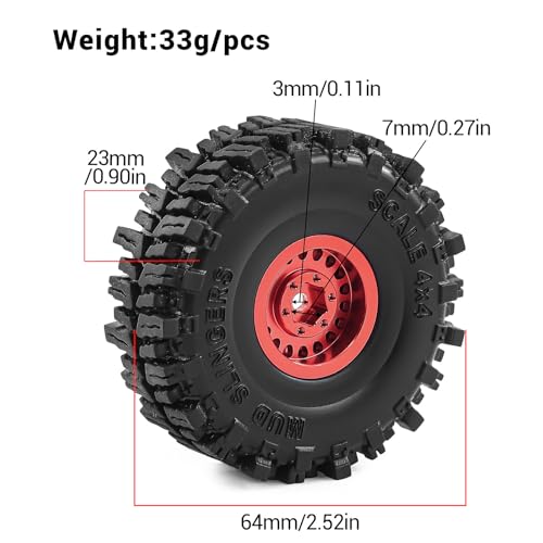 1.0" Aluminium Beadlock Wheels and Tires 64x23mm for 1/24 Axial SCX24, 1/18 TRX4M RC Crawler – Upgrade Parts (Red, 4pcs) - color: Red