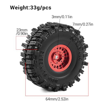 1.0" Aluminium Beadlock Wheels and Tires 64x23mm for 1/24 Axial SCX24, 1/18 TRX4M RC Crawler – Upgrade Parts (Red, 4pcs) - color: Red