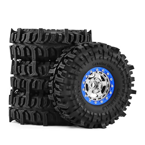 1.9" Alloy Wheels + Rubber Tires 4-Pack, Compatible with TRX4, SCX10, SCX10 III, 90046, D90 and Other Popular RC Crawler Models (blue-silver) - color: blue-silver