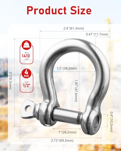 ZORUNNA 4 Pcs 1/2" 304 Stainless Steel D Ring Shackles, for Towing Recovery | Marine Boat Anchor Chain and Line Shackles, for Towing, Engine Lifting, Wheelchair Tie-Downs, Outdoor Rigging - size: 1/2 inch