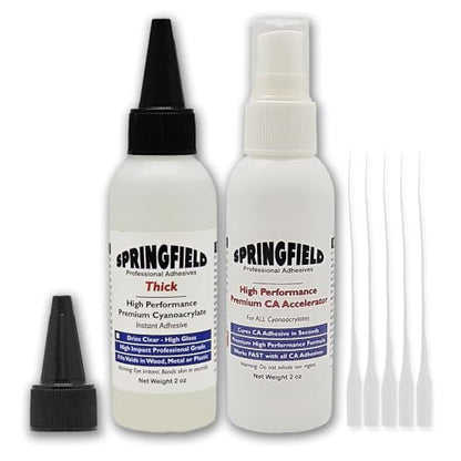 Professional Grade CA Glue with Premium Accelerator - 2oz Cyanoacrylate Gel Super Glue and Gap Filler - Thick 2000 CPS Viscosity Adhesive Plus 2oz Instant Tack Spray by Springfield Speaker - color: Clear Gel Combo