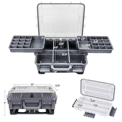 RUNCL Universal Fishing Tackle Box with Two Small Tackle Tray, Removal Inside Design Waterproof Trunk Storage Box, Thicker Floating Airtight Stowaway, Xmas Surprise Fishing Gifts for Men Women - color: Grey