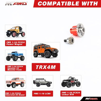 RCAWD Full-Metal Differential Assembly with Drive Gear for 1/18 1/24 Scx24 FMS Fcx18 Fcx24 Rc Crawler Car Upgrade Parts red - color: Red