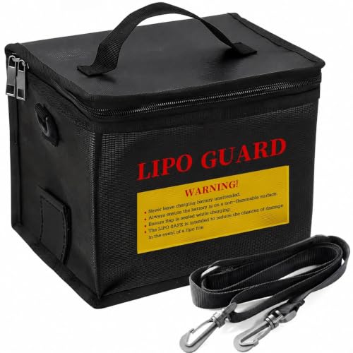 LiPo Safe Bag Fireproof Explosionproof Battery Storage & Charge Safe Pouch | Fire Resistant Large Capacity Battery Guard Bag with Side Charging Port, Double Zipper, Reinforced Handle & Shoulder Strap - color: Black