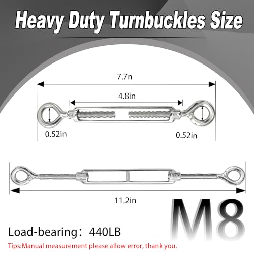 6 PCS M8 Eye and Eye Turnbuckles for Cables Wire Rope Tension | Made of 304 Stainless Steel, Corrosion Resistant , Easy to Use,440lbs Rated,Industrial Shade Sail Rigging - size: 6PCS-M8-OO