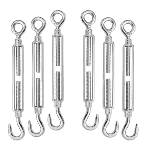 6PCS M12 Hook and Eye Turnbuckles for Cables Wire Rope Tension | Made of 304 Stainless Steel, Corrosion Resistant & Easy to Use,822lbs Rated,Industrial Shade Sail Rigging - size: 6PCS-M12-OC