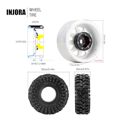 INJORA 1.0 Beadlock Wheel Tires Set -3.78mm Offset for 1/18 1/24 RC, White - color: White