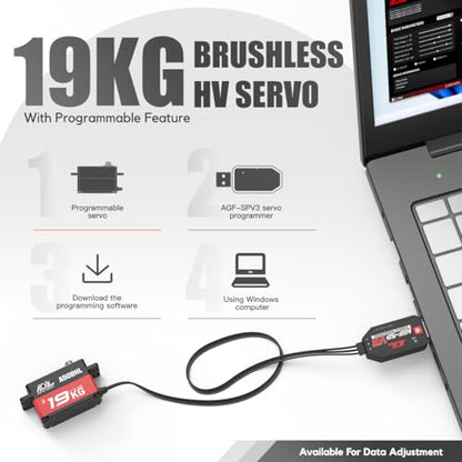 AGFRC 19KG Low-Profile Programmable-Digital-Servo - 0.073Sec High Speed Full Metal Gear Brushless RC Servo with 25T Metal Servo Horn for 1/10 RC Car, Control Angle 180° (A50BHL)