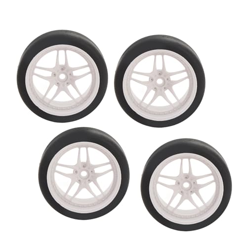 4pcs RC Tires Wheels Rims Set, 1/10 Scale Rubber Tires with 12mm Hex Hub, 26mm Wide Smooth Drift Tires for RC Racing and Drifting Cars Compatible with TT01 HSP (White) - color: White