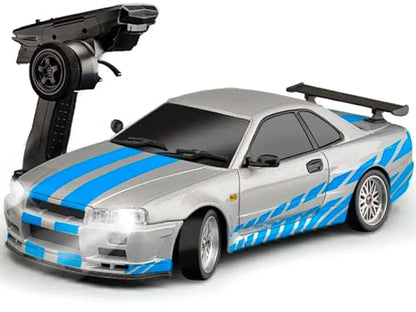 FLYCOLOR LD1899 1/18 RC Drift Car GTR R34 2.4GHz RWD with Gyroscope on-Road Alloy Body Shell Racing Cars Radio Control (Blue Grey) - color: Grey