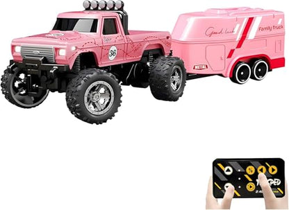Atlodas Mini Rc Truck, Mini RC Monster Truck, 1:64 Scale Monster Truck Remote Control Car with Lights, 2.4Ghz Remote Control, Alloy Truck with Trailer, Speed/Steering Adjustable (Pink) - color: Pink