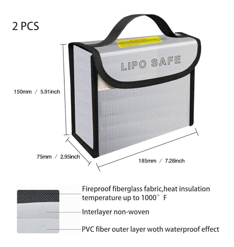 2PCS 185 * 75 * 150mm Lipo Battery Safe Bag Fireproof Charging Bag for RC Lipo Battery Pack Storage Charging Transport, Home Office Travel Lipo Safe Storage Pouch - size: 185x75x150mm (2 pcs)
