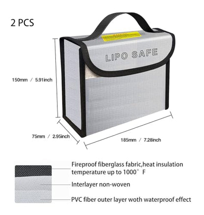 2PCS 185 * 75 * 150mm Lipo Battery Safe Bag Fireproof Charging Bag for RC Lipo Battery Pack Storage Charging Transport, Home Office Travel Lipo Safe Storage Pouch - size: 185x75x150mm (2 pcs)