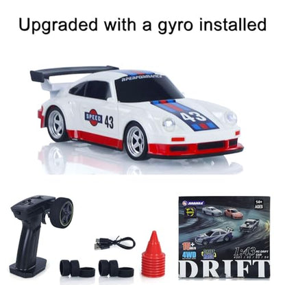 1/43 High Speed 2.4 GHz Mini RC Drift Car with 4 Wheel Drive Motor ESC Servo Motor Lighting Battery Charging Cable Gyroscope Hobby Grade Model for Birthday Gift - color: Blue, White and Red