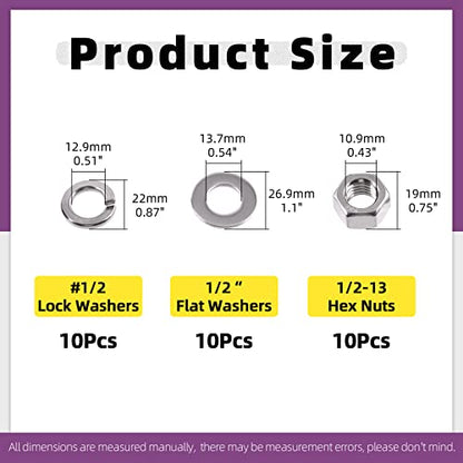 Swpeet 30Pcs SAE 304 Stainless Steel 1/2-13" Hex Nuts and #1/2 Flat Washers with #1/2 Split Lock Washers Assortment Kit, Coarse Thread Hexagon Nut for Home Automotive Shop Use - size: #1/2-13 Hex Nuts & Washers