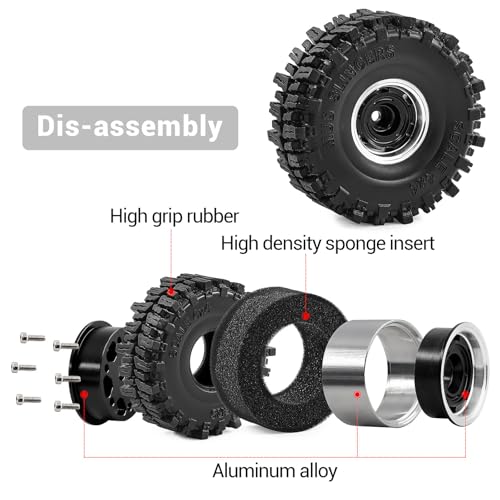 1.0" Beadlock Aluminum Wheels and 64mm Soft Rubber Tires | for SCX24, TRX4M, Ascent 18, FCX24, 1/18 1/24 RC Crawler, 7mm Hex, 0mm Offset, with Foam Inserts, (Black 102) - color: Black 102