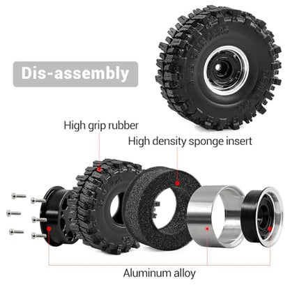 1.0" Beadlock Aluminum Wheels and 64mm Soft Rubber Tires | for SCX24, TRX4M, Ascent 18, FCX24, 1/18 1/24 RC Crawler, 7mm Hex, 0mm Offset, with Foam Inserts, (Black 102) - color: Black 102