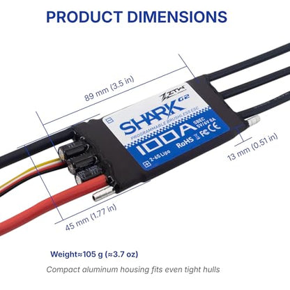 ZTW Shark G2 100A ESC 2-6S Built-in Swithcing BEC 5V/6V 8A Water-Cooling Bidirectional Waterproof Brushless Speed Controller for RC Boat Marine - size: 100A