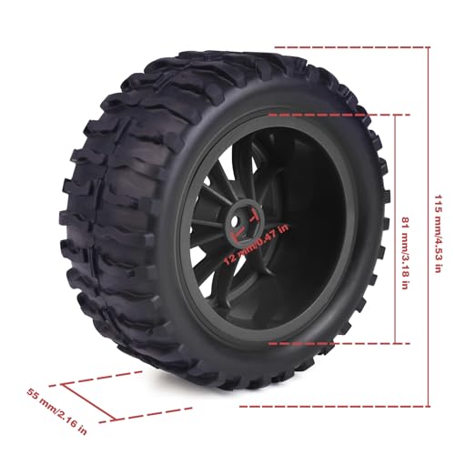 Hosim 55 * 115 mm RC Tires, All Terrain Soft Tire Mounted on 12mm Hex Wheels (Set of 4) for 1/10 RC Cars (Black Wheel hub) - color: Black