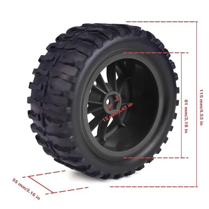 Hosim 55 * 115 mm RC Tires, All Terrain Soft Tire Mounted on 12mm Hex Wheels (Set of 4) for 1/10 RC Cars (Black Wheel hub) - color: Black