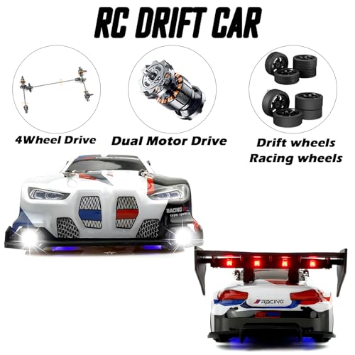 HTURCCOP RC Drift Car 2.4GHz 1:24 Scale 4WD 25KM+/H High Speed Model Vehicle with LED Lights Drifting Tire Racing Sport Toy Car for Adults Boys Girls Kids Gift (White) - color: White