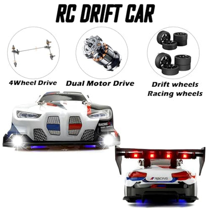 HTURCCOP RC Drift Car 2.4GHz 1:24 Scale 4WD 25KM+/H High Speed Model Vehicle with LED Lights Drifting Tire Racing Sport Toy Car for Adults Boys Girls Kids Gift (White) - color: White