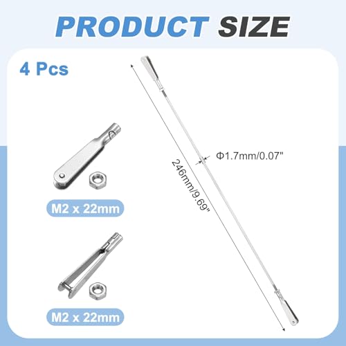 MECCANIXITY 4 Pcs Metal Clip Pushrod Connector Linkage, 304 Stainless Steel M2 Threaded Rod with Metal Clip for RC Plane Fixed Wing Aircraft DIY Models Parts, 246mm/9.69" - size: M2 x 246mm