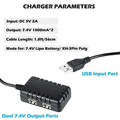 Charger Cable 2S 7.4V 1 to 2 USB Charger Replacement for SCX24 RC Car 1A with XH-3P Connector Compatible with Axial SCX10 7.4V 2S Lipo Battery RC Car Truck Drone Boat Quadcopter and Airsoft