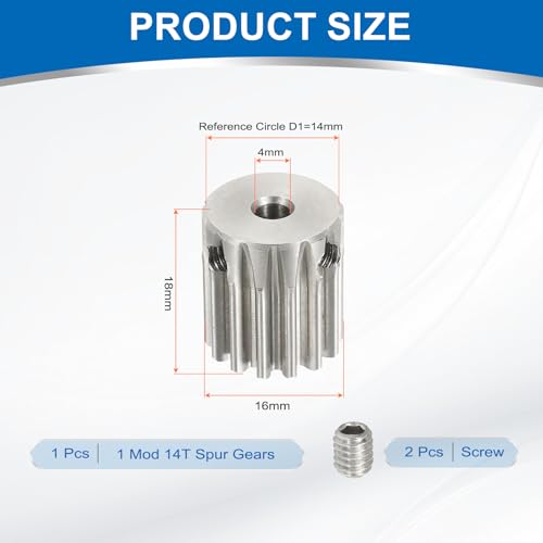 uxcell 1 Mod 14T Spur Gear 4mm Bore, 304 Stainless Steel Pinion Gear, 20°Pressure Angle, for Spur Rack and RC Model Car or Motor DIY - size: 1 Mod 14T, 4mm