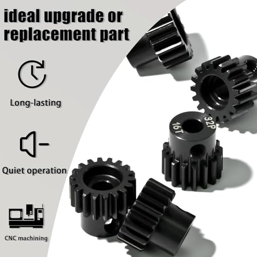 5Pcs 32P Hardened Steel Pinion Gear Set 5mm Shaft 16T 17T 18T 19T 20T Motor Pinion Gear with M4 Screw and Hex Key, for Arrma HPI Kyosho Losi Axial Traxxas Tamiya 1/10 RC Car and 540/550 Motors - size: 32P-HSP-5mm-16-20T