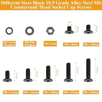 150 Pieces M6 Screws Nuts Washers Set Black, Sutemribor M6 x 8/10/12/16/20/25/30mm Countersunk Head Socket Cap Screws Nuts Washers Assortment Kit, 10.9 Grade Alloy Steel, Fully Threaded - size: M6, style: Countersunk Head Socket Cap