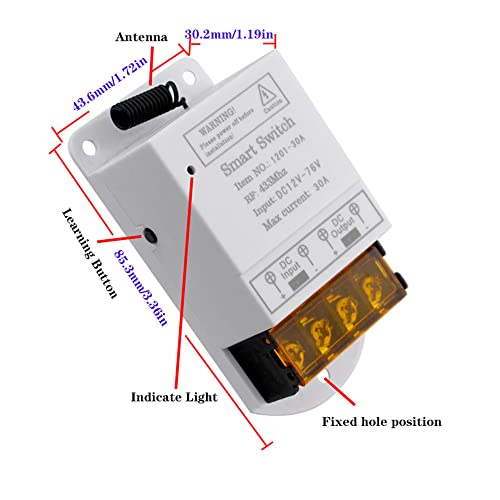 High Power DC 12V 24V 48V 72V 30A 1CH 433MHz Remote Control Switch RF Relay Receiver and Transmitter for Car Horn Water Pump Lamp Electric Device Motor Cycles Control