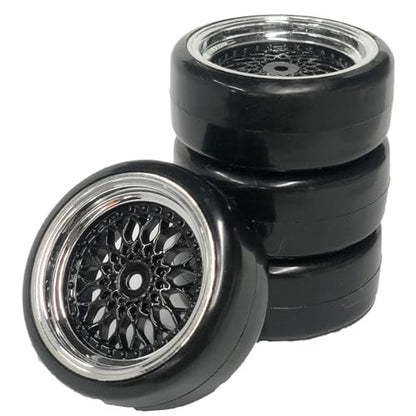 4PCS 1/10 RC Drift Car Tires Smooth Hard Tyre Plastic Plating Wheel Rims Set Replacement for HSP Tamiya HPI Kyosho On-Road Drifting Car (Black Silver) - color: Black Silver