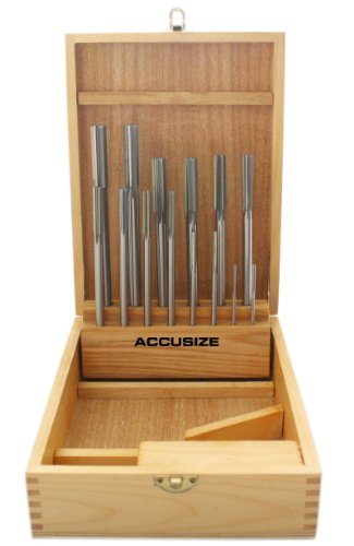 Accusize Industrial Tools 14 Pc Over and Under Size H.S.S. Chucking Reamer Set, 0.1240'' Thru 0.5010'', in Fitted Case, 5500-SX00 | 14 Pc Set, Straight Shank, Straight Flute, Right-Hand Cut, Fitted Case, 5500-SX00 - size: Over & Under Size 0.1240"-0.5010"