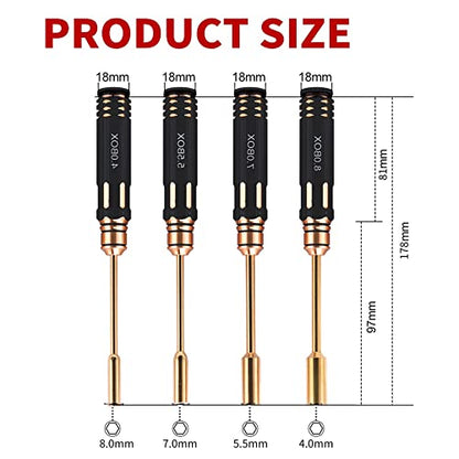 Hex Nut Screw Driver Set Titanium Nitride Coated Repair Tools Kit，4.0mm 5.5mm 7.0mm 8.0mm RC Multi-rotors Model Screwdriver Tool Kits (4PCS)