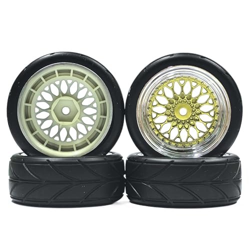 4PCS/Set 64mm Rubber Tires & Plating Plastic Wheels Rims Replacement Part for 1/10 RC On-Road Touring Car Racing Car (Gold, Offset 3mm) - color: Gold, size: Offset 3mm