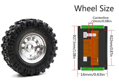 RC 1.0 Aluminium Beadlock Wheel and Tire Set for SCX24 1/24 1/18 RC Crawler YK1002 (Silver) - color: Silver