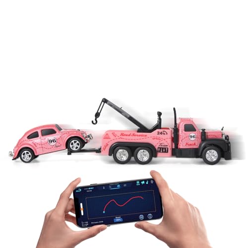 Mini Rc Truck,Tow Trucks Toy with Mini Metal Car Set 2PCS,City Service Vehicle Remote Control Tow Truck Toys for Kids Boys Gifts 3-5 4-7 8-12 Years Old, 1:64 Scale Cars Trailer Toy with Light (Pink) - color: Pink