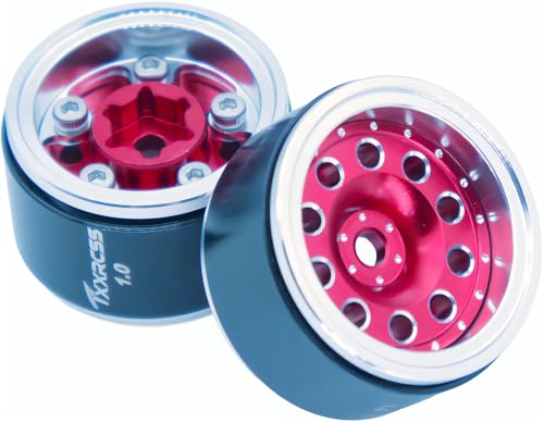 RC 1.0 Beadlock Wheels Offsets -2 Aluminum Rims for AX24 1/18 TRX4M All 1/24 Scale Axial SCX24 Deadbolt RC Crawler Car Wheels Upgrades 4Pc (Red & Silver) - color: Red & Silver