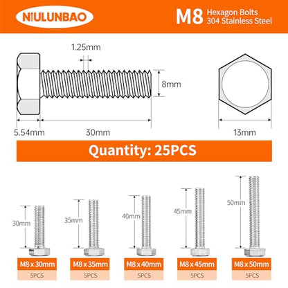 M8 x 30mm 35mm 40mm 45mm 50mm Heavy Duty Hexagon Bolts Hex Head Screws, 304 Stainless Steel, Machine Fully Thread, Metric, Bright Finish, Assortment Kit 25PCS - size: M8 x 30/35/40/45/50mm (25PCS)
