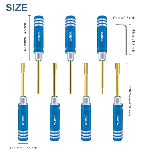 Hex Nut Screwdriver Set 2.0mm 2.5mm 3.0mm 3.5mm 4.0mm 4.5mm 5.0mm Hexagonal Head Nut Driver for Axial SCX24 Wheel Fixing 7PCS Screwdrivers for RC Models Car Boat Helicopter - color: Blue