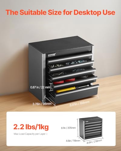 VEVOR Metal Tool Box, 8.6-inch, Portable Metal Tool Box with 5 Drawers, Small Tool Chest with EVA Liners and PP Feet Pads, Heavy-Duty Steel With Ball Bearing Opening and Powder Coated Finish, Black - size: 5 Drawers-Black