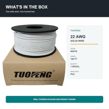 TUOFENG 22 AWG Solid Core Wire, White 100 ft, Breadboard Hookup Wire - size: 22 AWG solid wire white 100ft