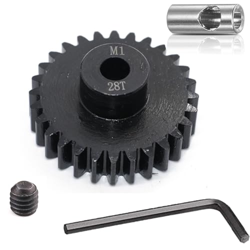 Steel Mod1 5mm Pinion Gear 1PCS, 11-28 M1 Pinion Gear Metal Hardened Steel Fit 5mm RC Motor Shaft with 3.175mm Coupler Compatible with 1/5 1/6 1/8 1/10 1/14 RC Brushless Brush Motor (28T) - size: 28T