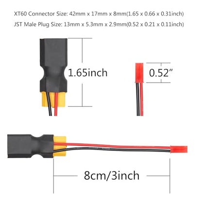 XT60 Connector Adapter with JST Plug 3", 20AWG Cable, Gold-Plated Plug | 3Pcs XT60 Male to Female Connector with JST Male Plug, for RC Lithium Battery Drone Quadcopter etc - style: XT60 Male to Female Connector with JST (Male) - 3Pcs