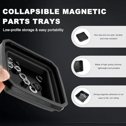 Collapsible Magnetic Parts Tray, 4.5" Square Metal Parts Organizer with Dual-Sided Magnetic Base, Foldable Tools Tray Silicone Storage Bowl for Screws Bolts Nuts Washers Pins (Black) - color: Black