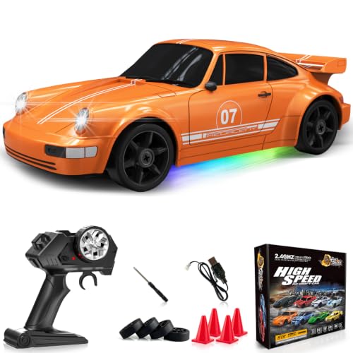 Remote Control Car RC Drift Car 2.4GHz 1:24 4WD 15KM/H High Speed Racing Sport Car with LED Lights Drifting Tire Racing Sport Toy for Adults Boys Girls Kids Gift - color: Orange